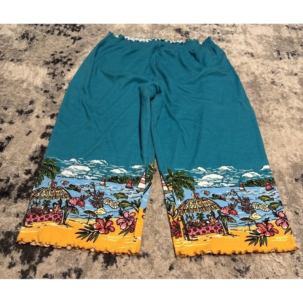 Sleep Sense Pajama Pants Womens XL Blue Tropical Beach Capri Cotton Knit Stretch